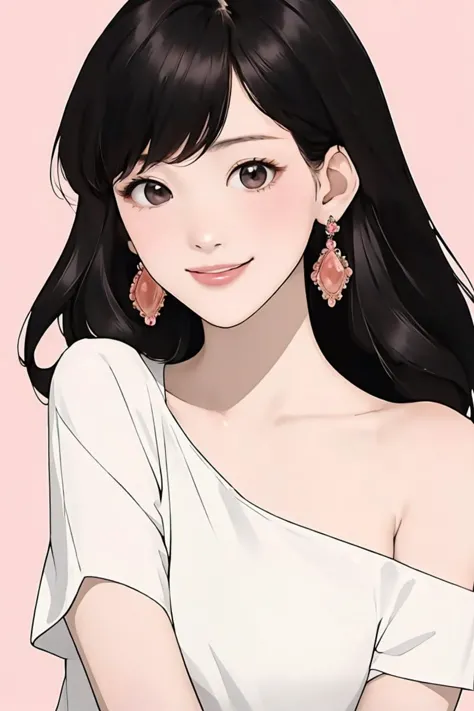 a woman with long black hair wearing a white top and earrings