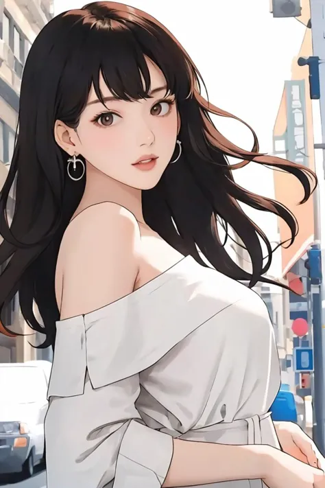 (masterpiece:1.1), best quality, vivid, Sweet girl portrait, 
1girl, solo, earrings, bangs, long hair, rose, nail polish, peach nails, medium breast, sexual appeal, High contrast, full body, black hair, medium hair, high nose, standing, swept bangs, single bare shoulder shirt short, from_outside, from_back, parted lips, night on the street, studio lighting