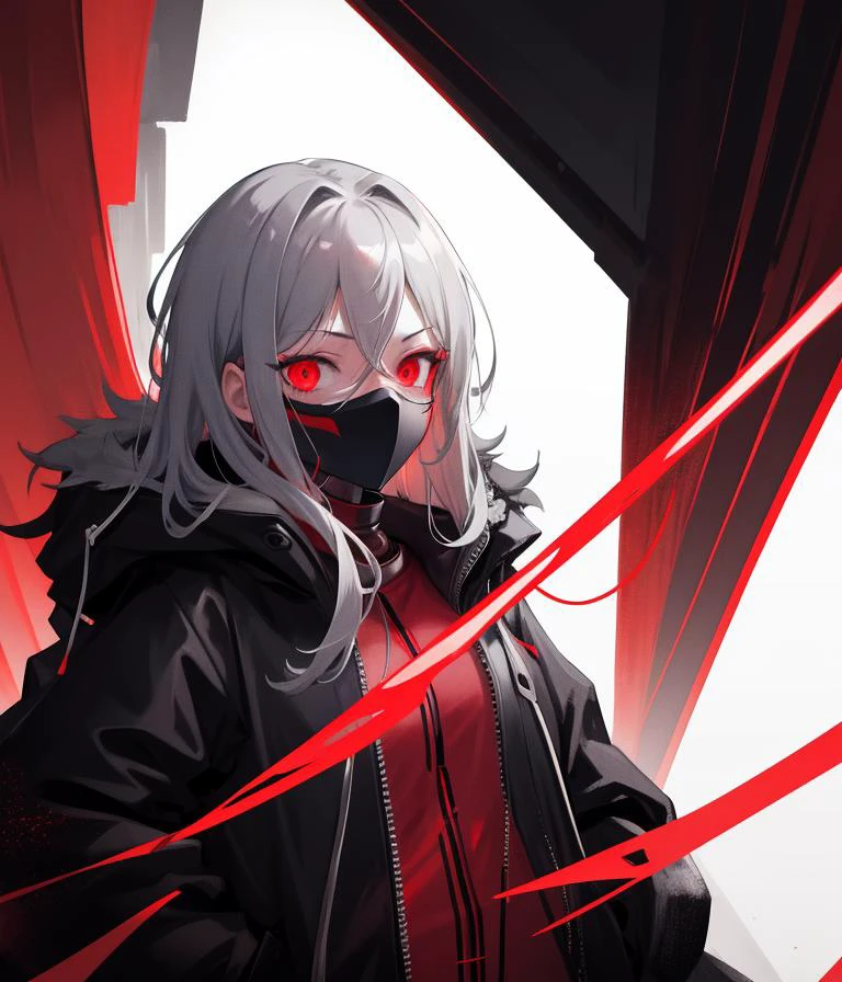 masterpiece, best quality, illustration, science fiction, black red theme, 1girl, looking down at viewer, hands in pockets, skinny, detailed messy grey hair, glowing red eyes, black techwear coat, black mouth mask, wire, cable, (backlighting)