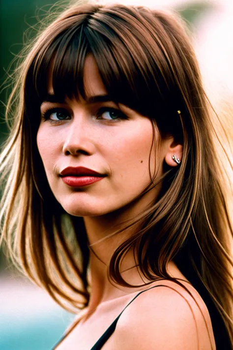 a close up of a woman with long hair and a black top