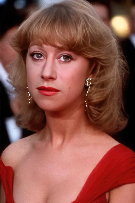 a close up of a woman in a red dress with a red lip