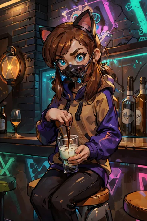 hknya, blue eyes, brown hair, purple hoodie, black pants, cat ears, sneakers, face mask,looking at viewer, serious, sitting, on stool, inside a bar, holding a glass of milk, counter, dark, neon lighting, high quality, masterpiece, <lora:Hat-10:.8>
