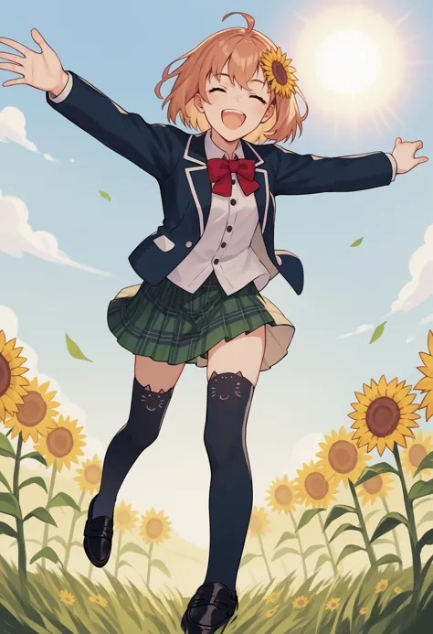 score_9, score_8_up, score_7_up, score_6_up, score_5_up, score_4_up, source_anime, hh1, sunflower hair ornament, shirt, blazer, bow, red bow, green skirt, pleated skirt, plaid skirt, black thighhighs, black footwear, loafers, closed eyes, sun, smile, open mouth, outdoors, grass, standing, wide shot, outstretched arms, jumping<lora:HonmaHimawariXL-10:1>