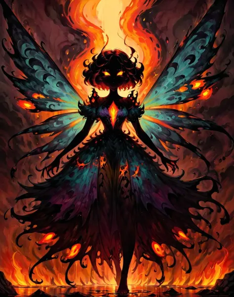 sombra de arte de fantasia, 8K, alta definição, Cores sombrias, aura escura, Horror, estilo de desenho animado, plano, fada do magma