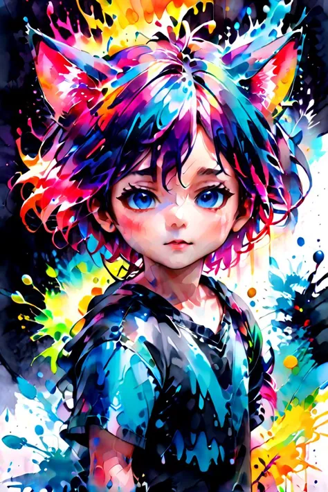 a painting of a girl with colorful hair and a cat ears