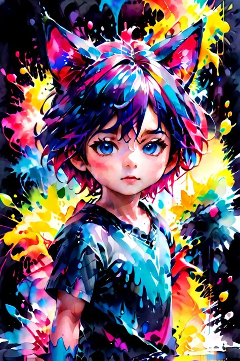 a painting of a girl with colorful hair and a cat ears