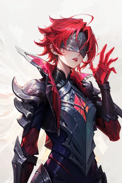 (masterpiece, best quality:1.2), intricate details, <lora:broken_covenant_riven-000014:1>, broken covenant riven, 1girl, covered eyes, jacket, armor, short hair, red hair, upper body