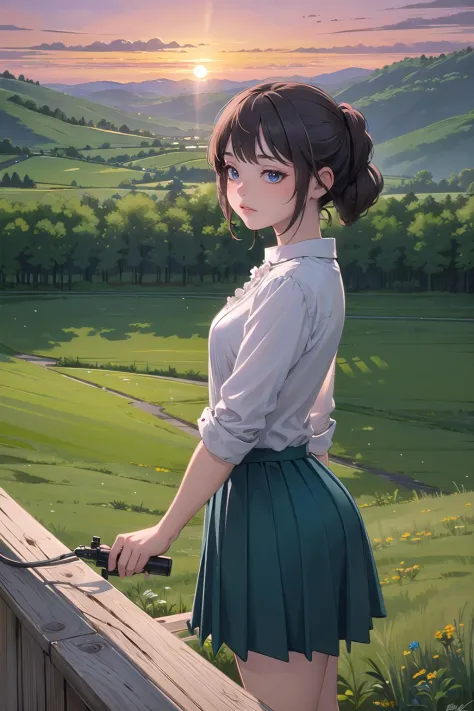 beautiful illustration, best quality, cute girl, (sunset), countryside, outdoor, scenery, blue skirt, white blouse, from side, cinematic lighting, cowboy shot,