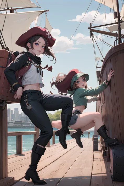 masterpiece, best quality,3girl,young girl, velvet_maroon eyes, green, half-up half-down hairstyle,pale _face,shiny skin,flat chest,nice leg line:1.3,thick thighs, thin waist,Pirate, Leather boots, ragged trousers, a striped shirt, a bandana, and a tricorn hat, A ship deck, Swashbuckling in a sword fight with a rival pirate, Leaping from the mast to attack, Ferocious determination cityscape,looking at viewer,from side,full body