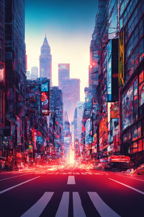 a view of a city street with a crosswalk and a neon sign