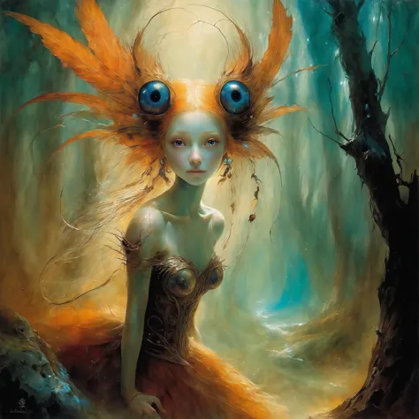 <lora:add-detail-xl:2>, anne bachelier, detailed expressive eyes, fantasy style, depicted is the artificial oozelout, a curious ...