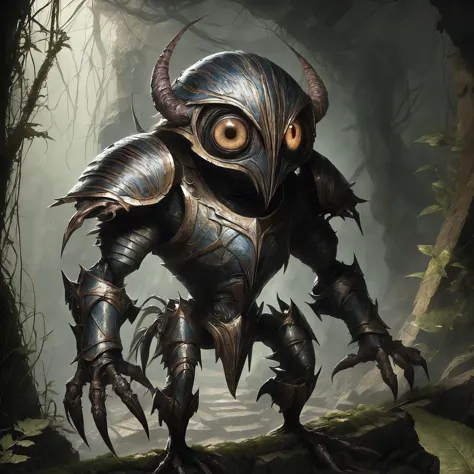 <lora:add-detail-xl:2.0>, jeff miracola, detailed expressive eyes, fantasy style, the striped etherstrider, a guardian of the much smaller rocky hobboinks, it is a creature with magical thurgicided blibberblab etched into its chitinous armor plates, standing sentinel in an overgrown ruin filled with tropaled artifacts, dark fantasy, horror, masterpiece, best quality