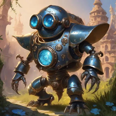 Glen Angus, olhos expressivos detalhados, estilo fantasia, O liso Bonesaq se entende como o guardião dos muito menores pondwinks steampunk, É uma criatura semi-inteligente que gosta de gravar misterioso zoodlecrunch enforbled em suas placas de armadura quitinosa, Aqui ele é visto de pé sentinela em uma ruína coberta de vegetação cheia de artefatos karvyturbled no planeta Eastittyworld, anteriormente conhecido como Ittyworld, estilo por nty, colorida, Excêntrico