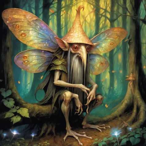 <lora:add-detail-xl:2>, brian froud, detailed expressive eyes, fantasy style, the mystical voxeled hammernob, its iridescent wings blunderworbling in the moonlight, splunges among enchanted mushrooms and fireflies in a doodleflorping forest glade, colorful, whimsical