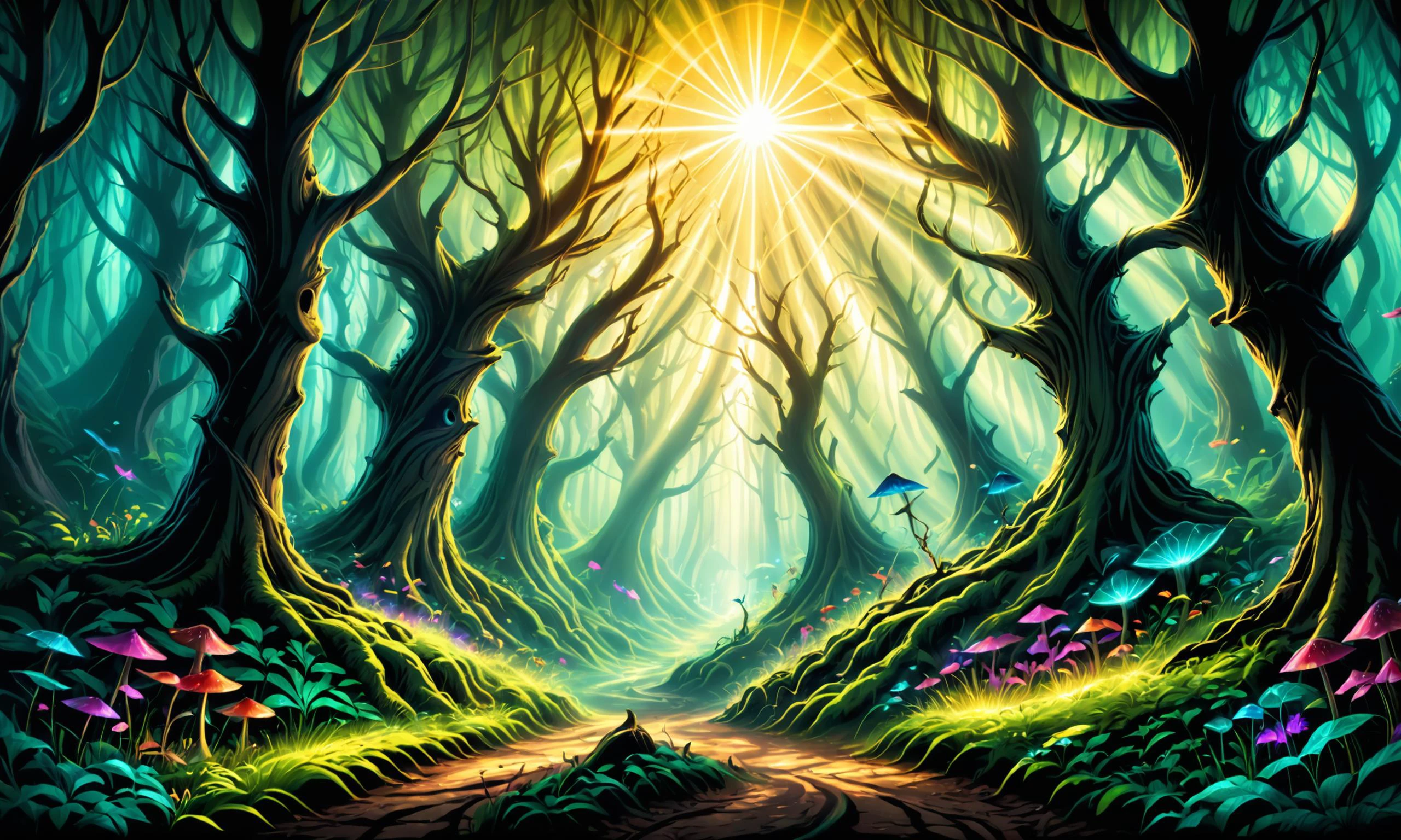 美麗而詳細的數位插圖，描繪了充滿神秘生物焦慮的魔法森林, 陽光