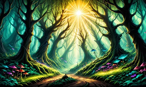 Beautiful detailed digital illustration of a Enchanted forest with mystical creatures Angst, Sunshine rays