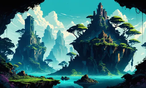 Beautiful detailed digital illustration of a Floating islands with ancient ruins Angst, inkpunk style