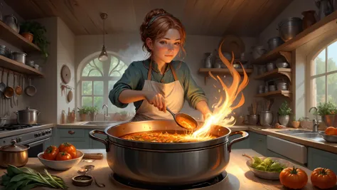 Cozy kitchen with simmering pot, Angst, great lighting, radiant lighting, ral-colorswirl, sharp focus, intricate, illustration, ...
