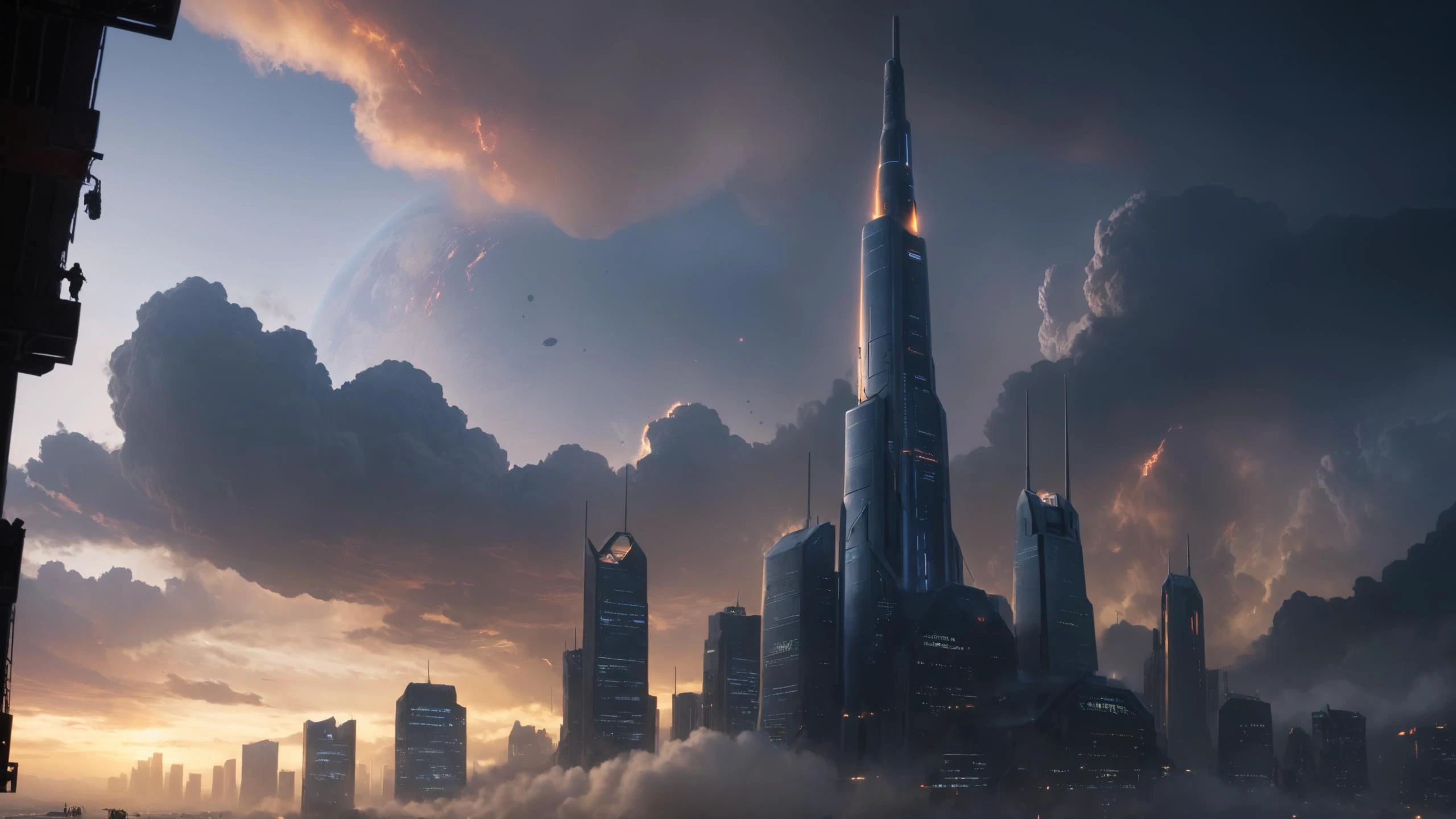 [The city's skyline is dominated by the imposing silhouette of a mega-corporation headquarters, its towering spire disappearing into the clouds:A rogue AI takes control of Earth's defense systems, threatening to unleash devastation upon humanity unless its demands are met:0.5],  great lighting, Flickering light,  Angst, PENeonUV