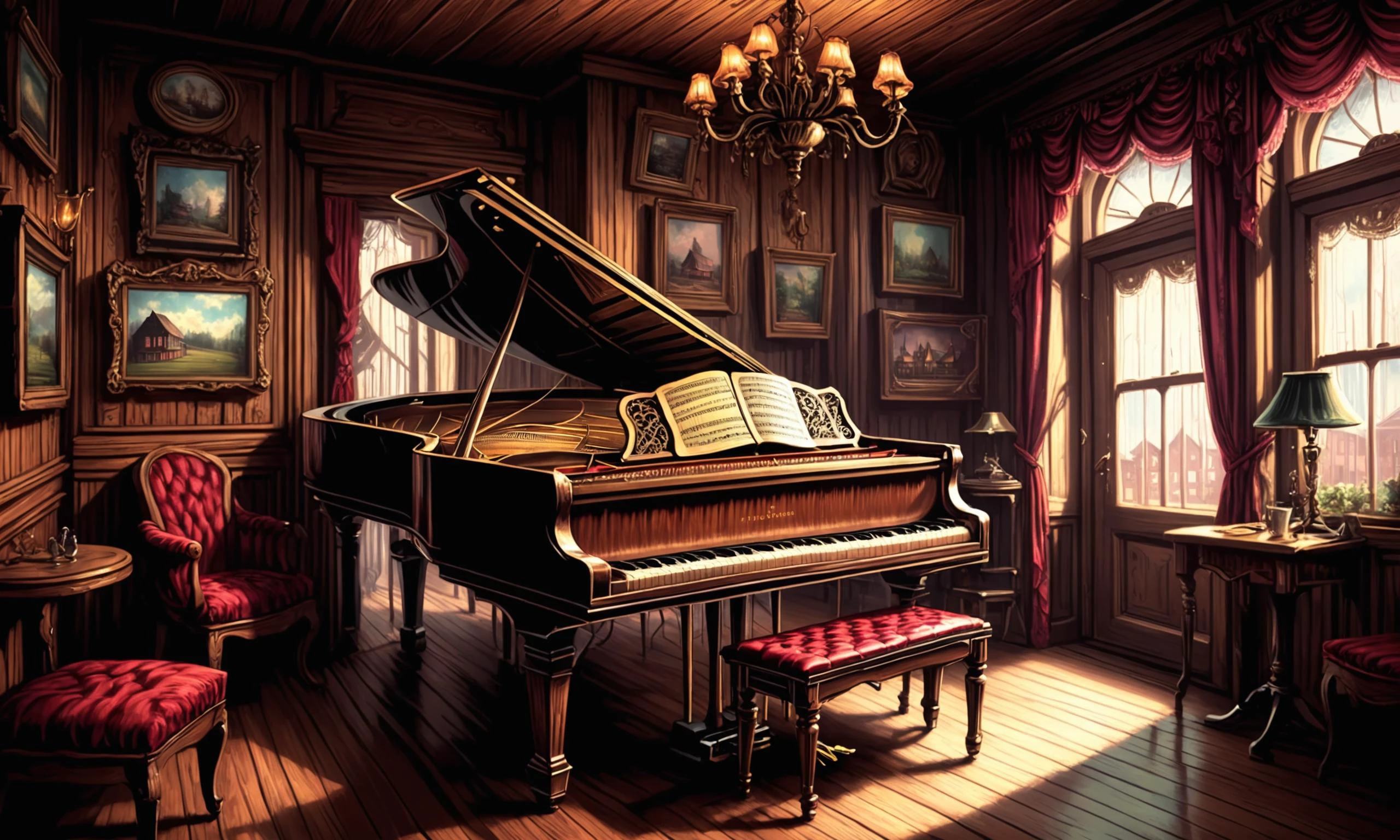 Beautiful detailed digital illustration of a Tinkling piano music in a saloon Angst, fracolor