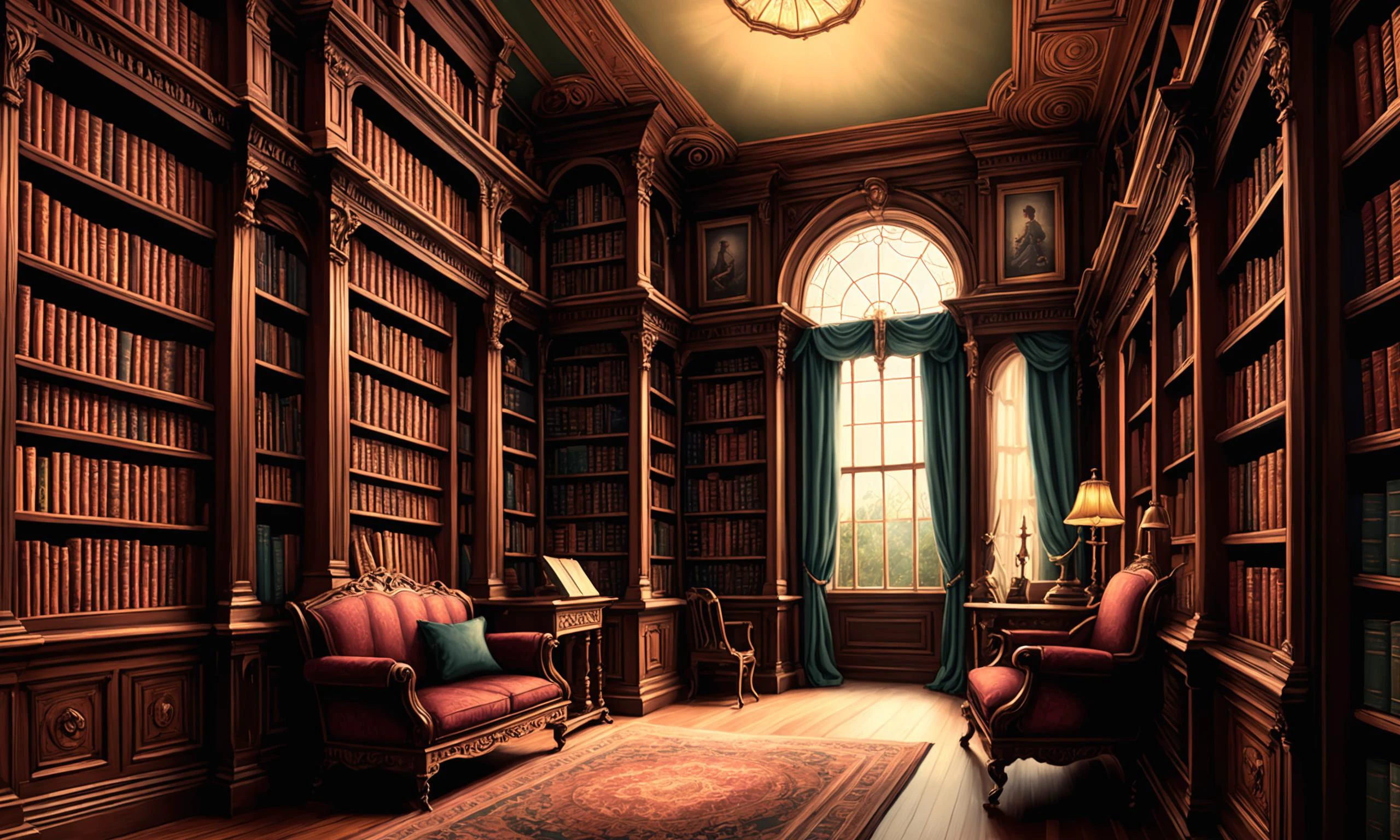 Beautiful detailed digital illustration of a Victorian library with rolling bookshelves Angst, fracolor , Chiaroscuro