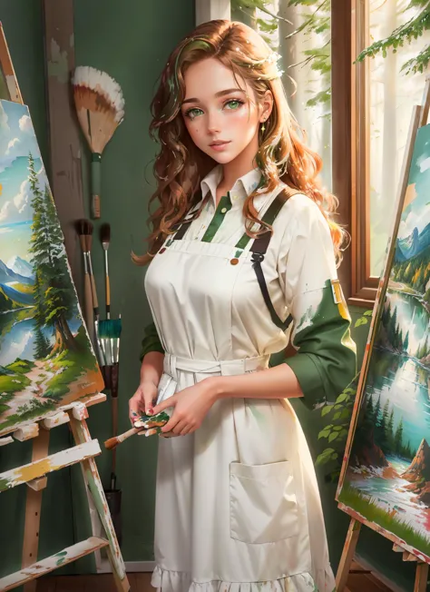 canadian landscape painter (late 20th century): a (pretty young woman:1.1) with loose, wavy chestnut hair, (sparkling green eyes...