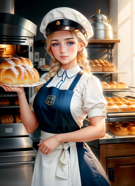 German Baker (Early 21st Century): A (pretty young woman:1.1) with braided blond hair, clear blue eyes, fair skin, wearing a traditional (baker's uniform:1.2), often white, (with a baker's hat:1.5), (oven peel:1.1). She is amidst the warm and comforting ambience of a German bakery filled with the smell of fresh bread, ovens baking, and a display filled with a variety of traditional pastries.