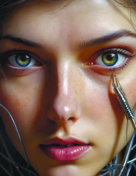 a close up of a woman with wires in her hair