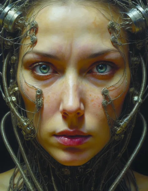 beautiful oil clean painting biomechanical portrait face with eyes connected with cables to 复杂的 machine by wayne 巴洛,伦勃朗,复杂的,令人惊叹的,逼真的肤色,4千,高分辨率,屡获殊荣,杰作,贝克辛斯基风格的写实灯光拼贴艺术,巴洛,吉格尔·罗杰·迪金斯风格 