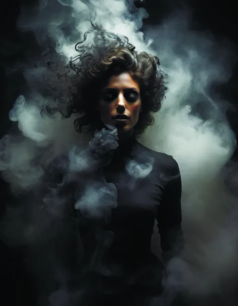 a woman with smoke coming out of her face and a black background