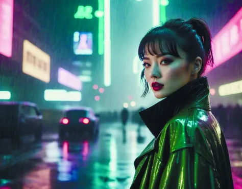 unbelievably beautiful,perfect,dynamic,epic,cinematic 8k hd movie shot of semi - close - up chinese beautiful cute young k - pop idols actress girl with short greenish hair,expressing joy and posing in cyberpunk futuristic scifi location similar to bladerunner and rainy atmosphere. by a chinese movie director. motion,vfx,inspirational house,high budget,hollywood style,at behance,at netflix,with instagram filters,photoshop,adobe lightroom,adobe after effects,taken with polaroid kodak portra iph future city,science fiction<lora:Future_Citys_xl-000012:0.6> <lora:Roger Deakins Style:0.8>