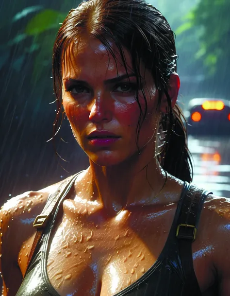 muscular sweat and wet,lara croft,exhausted face close up,rain background,highly detailed painting by gaston bussiere,craig mullins,j. c. leyendecker 8 k,cinematic lighting,octane render,8 k,hyper detailed <lora:add-detail-xl:1.4> per Roger Deakins Style <lora:Roger Deakins Style:0.7>