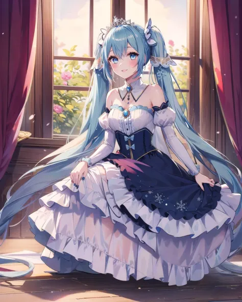 a woman in a dress sitting on a window sill（hatsune miku)