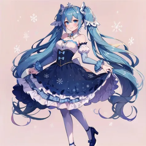 (best quality, masterpiece:1.2), 1girl, solo, yukimiku2019, yuki miku, hatsune miku, very long blue hair, blue eyes, silver tiara, detached sleeves, twintails, bare shoulders, hair ornament, parted lips, strapless, long sleeves, skirt hold, blue skirt, snow flake print trimmed dress, puffy sleeves, white sleeves, juliet sleeves, bangs, frills, hair between eyes, bow, strapless dress, detached collar, (blue nails, nail polish:1.0), dancing, looking at viewer, smile, aroused, blush, (full body:1.1), simple background,   <lora:Ykmk2019LoRA10:0.8>