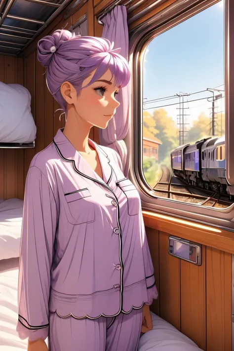 (masterpiece, best quality), 1girl, Size DD breasts,Smoky Lilac Mohawk Updo, <lora:girlliketrainroomette:1> train roomette, bunk bed, pajamas, big window, wooden wall, sleeping, white lace pajamas,