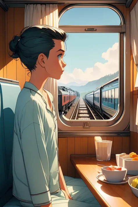 (masterpiece, best quality), 1girl, Seafoam Slicked-Back Undercut with Fade, flat chest,   <lora:girlliketrainroomette:1> train roomette, bunk bed, pajamas, looking out the big window, breakfast on table, wooden wall