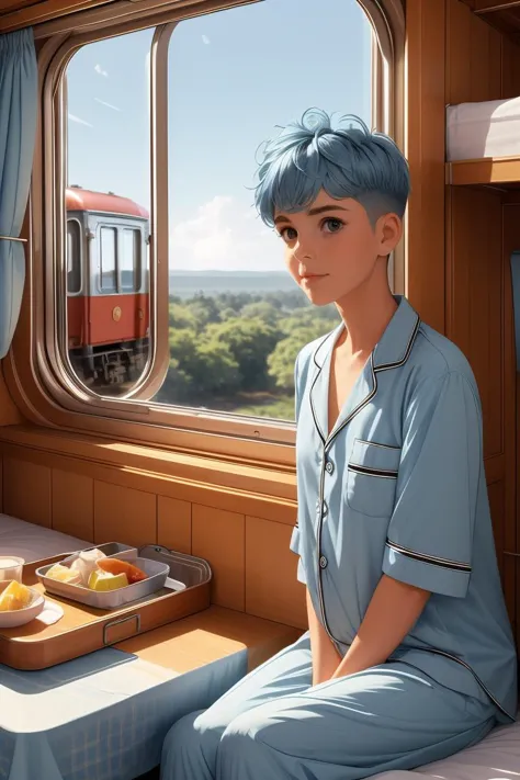 (masterpiece, best quality), 1girl, Baby blue Caesar Cut with Fade, flat chest,   <lora:girlliketrainroomette:1> train roomette,...