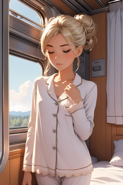 (masterpiece, best quality), 1girl, flat chest,Ash Blonde Tousled Updo, <lora:girlliketrainroomette:1> train roomette, bunk bed,...