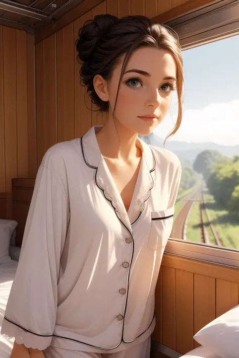 (masterpiece, best quality), 1girl, Size E breasts,Lemon Braided Chignon, train roomette, bunk bed, pajamas, big window, wooden wall, sleeping, white lace pajamas,   scared to sleep alone