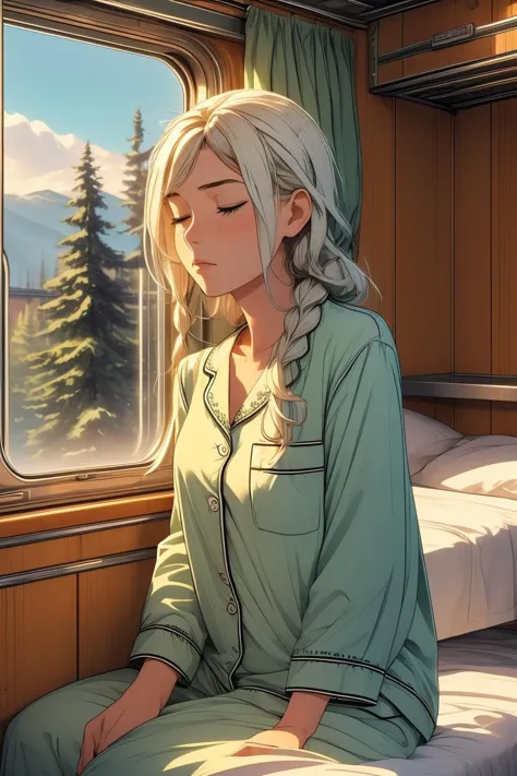 (masterpiece, best quality), 1girl, big breasts,Pale green Messy Side Braid, <lora:girlliketrainroomette:1> train roomette, bunk...