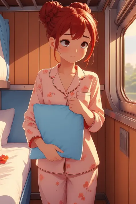 (masterpiece, best quality), 1girl, Size E breasts,Red Braided Low Bun with Delicate Flowers, train roomette, bunk bed, big window, wooden wall, sleeping, pajamas,  scared to sleep alone