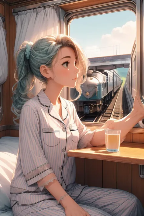 anime girl in pajamas sitting on a train looking out the window