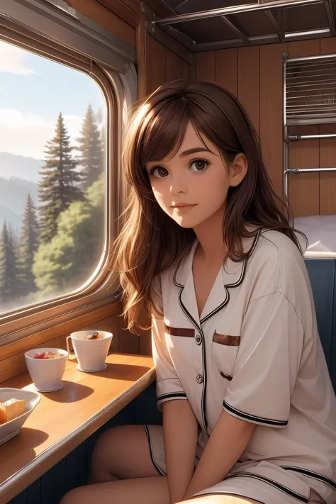 (masterpiece, best quality), 1girl, Ash Brown Side Swept Faux Bangs, small breasts,   <lora:girlliketrainroomette:1> train roome...