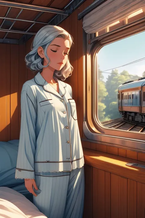 (masterpiece, best quality), 1girl, small breasts,Pale blue Retro Finger Waves, <lora:girlliketrainroomette:1> train roomette, b...