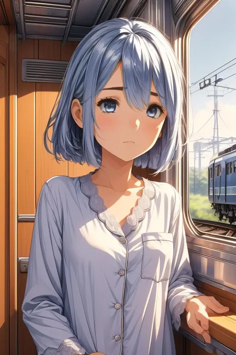 anime girl with blue hair looking out of a train window