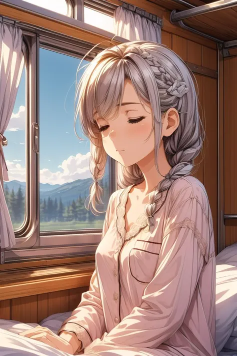 (masterpiece, best quality), 1girl, Size D breasts,Amber Halo Braid with Gem Hairpins, <lora:girlliketrainroomette:1> train roomette, bunk bed, pajamas, big window, wooden wall, sleeping, white lace pajamas,  <lora:add_detail:0.8>