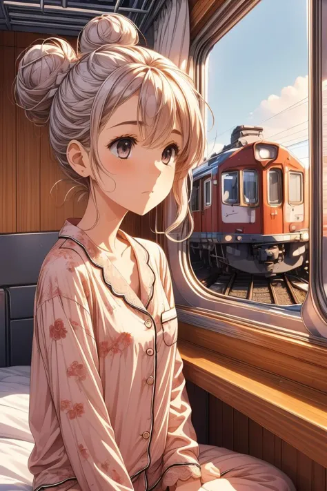 (masterpiece, best quality), 1girl, small breasts,Carnelian Messy Bun with Face-Framing Strands, <lora:girlliketrainroomette:1> ...