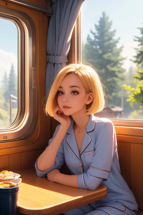 araffe girl in pajamas sitting at a table in a train