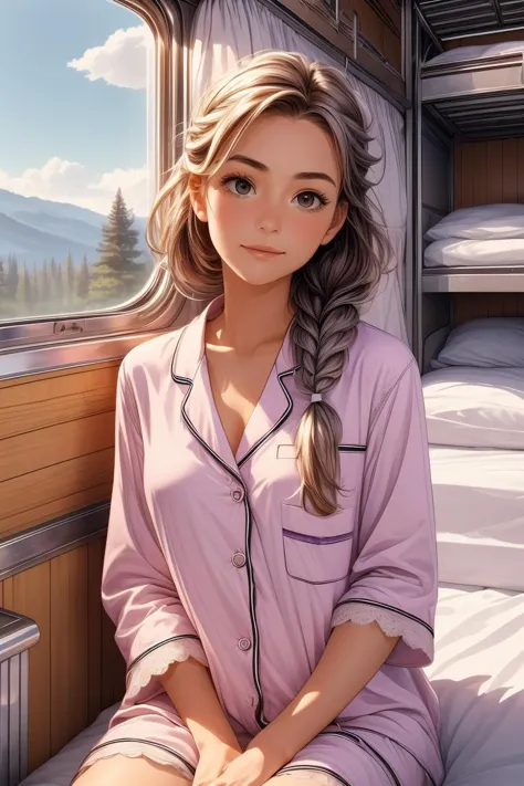 (masterpiece, best quality), 1girl, Size C breasts,Amethyst Dutch Side Braid with Messy Finish, <lora:girlliketrainroomette:1> t...