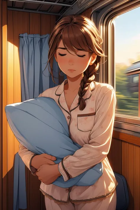 (masterpiece, best quality), 1girl, big breasts,Light Brown Messy Side Braid with Baby's Breath, train roomette, bunk bed, big window, wooden wall, sleeping, white lace pajamas,   scared to sleep alone